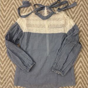 Red Valentino Cotton Silk Blue White Pinstripe & Lace Blouse